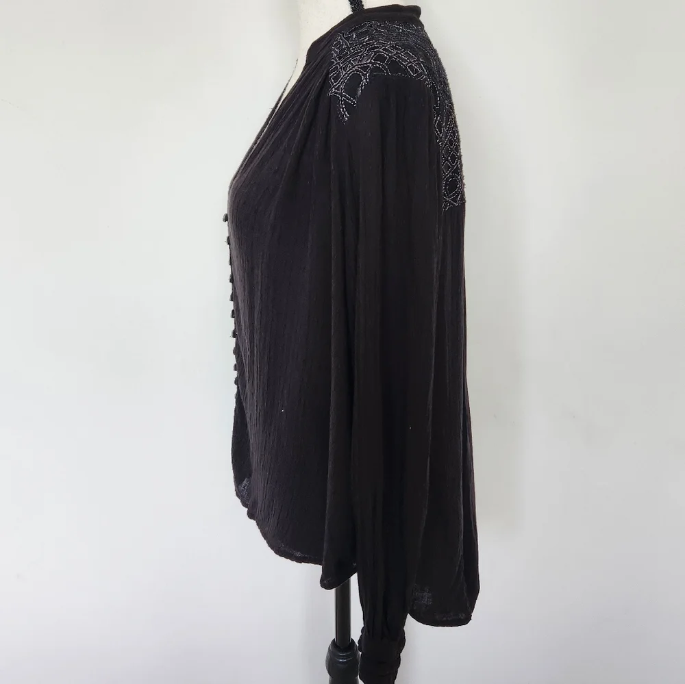 FREE PEOPLE Canyon Rose Embroidered Boho Hi Lo Blouse Black Whimsigoth Grunge XS
